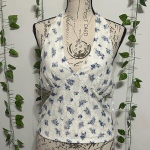 Floral Lace Halter Camisole - White and Blue